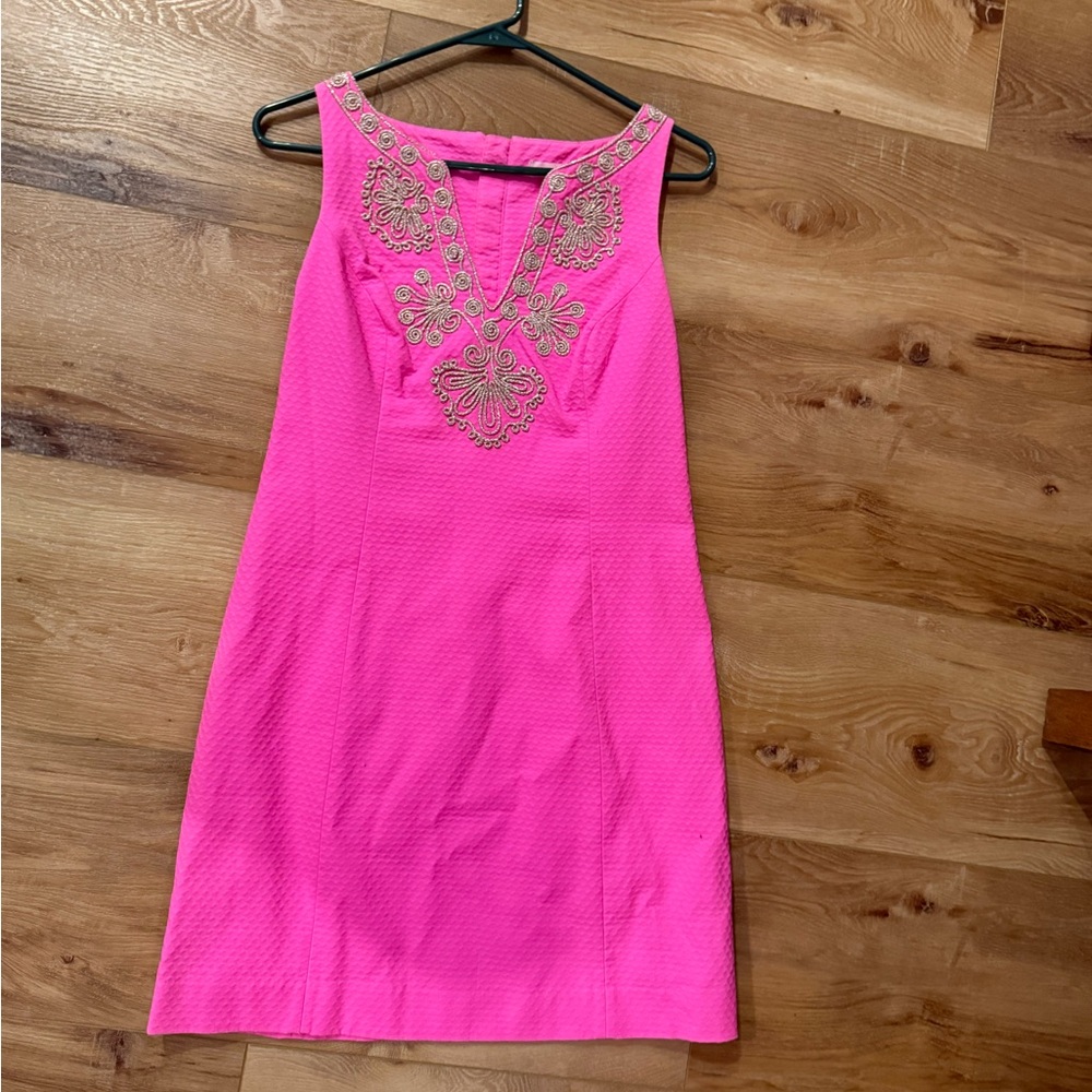Lilly Pulitzer Vibrant Pink Dress with Gold Embroidery